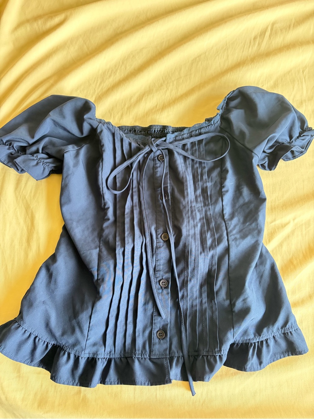SHEIN Navy Blue Pintuck Button Front Peasant Blouse